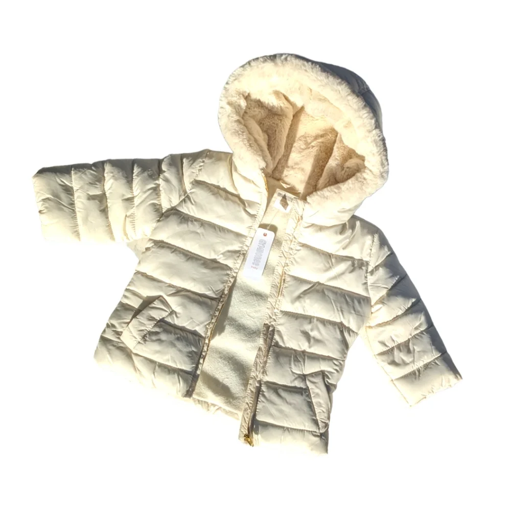 Gymboree Girls 12-18m Faux Fur Cream/White Puffer Jacket w/ Gold Zipper - Picture 2 of 6